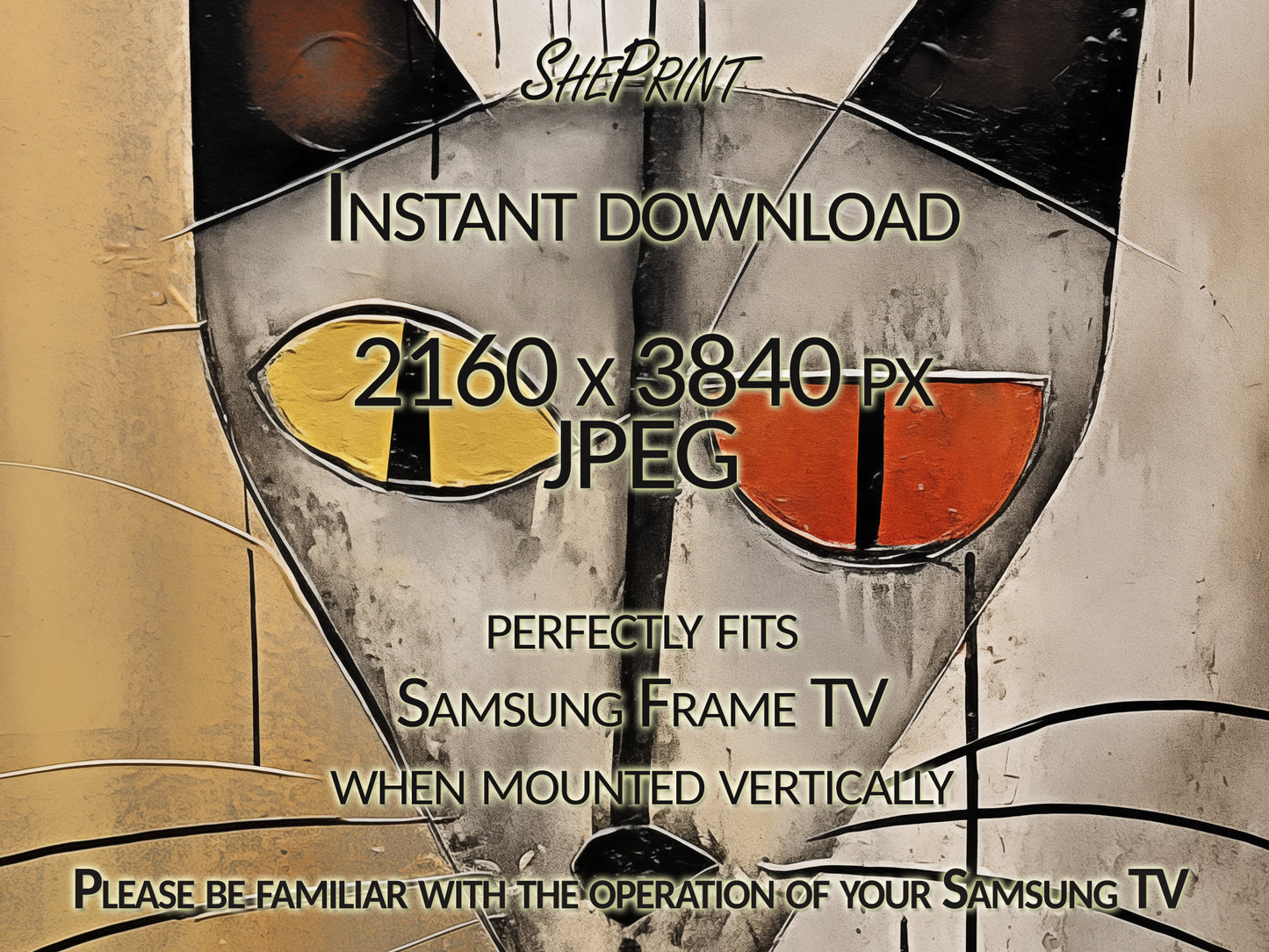 Vertical Frame TV Art, Cat Abstract Art, Oil Painting, Digital TV Art JPEG Image Instant Download