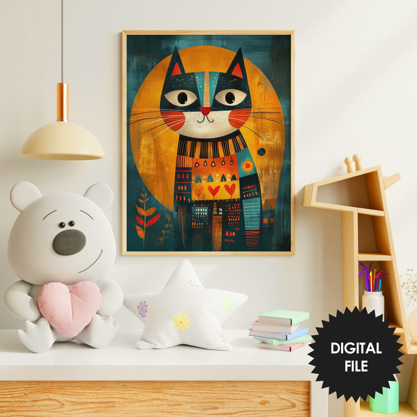 Framed colorful cat artwork on a wall above a shelf with toys and books.