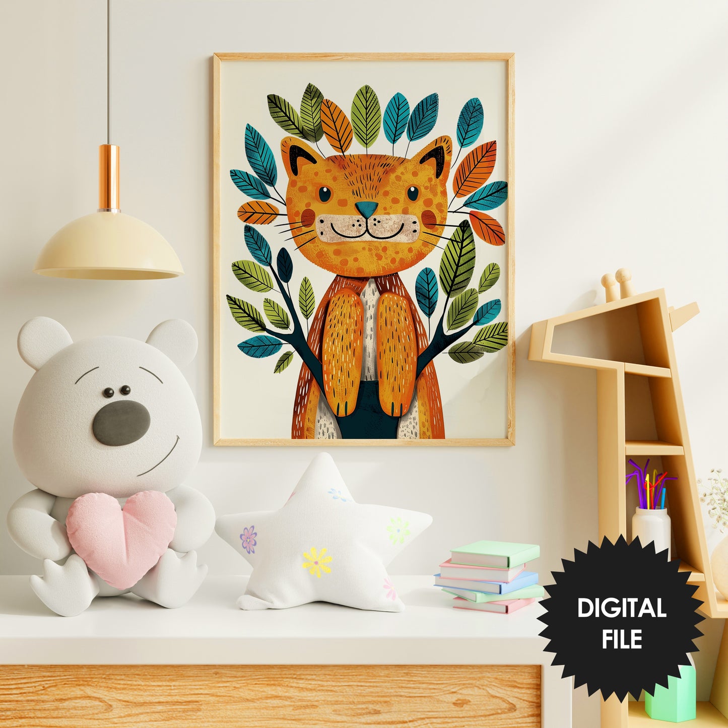 Printable Wall Art for Kids, Boho Style Funny Cat on Tree Print preview in kids room