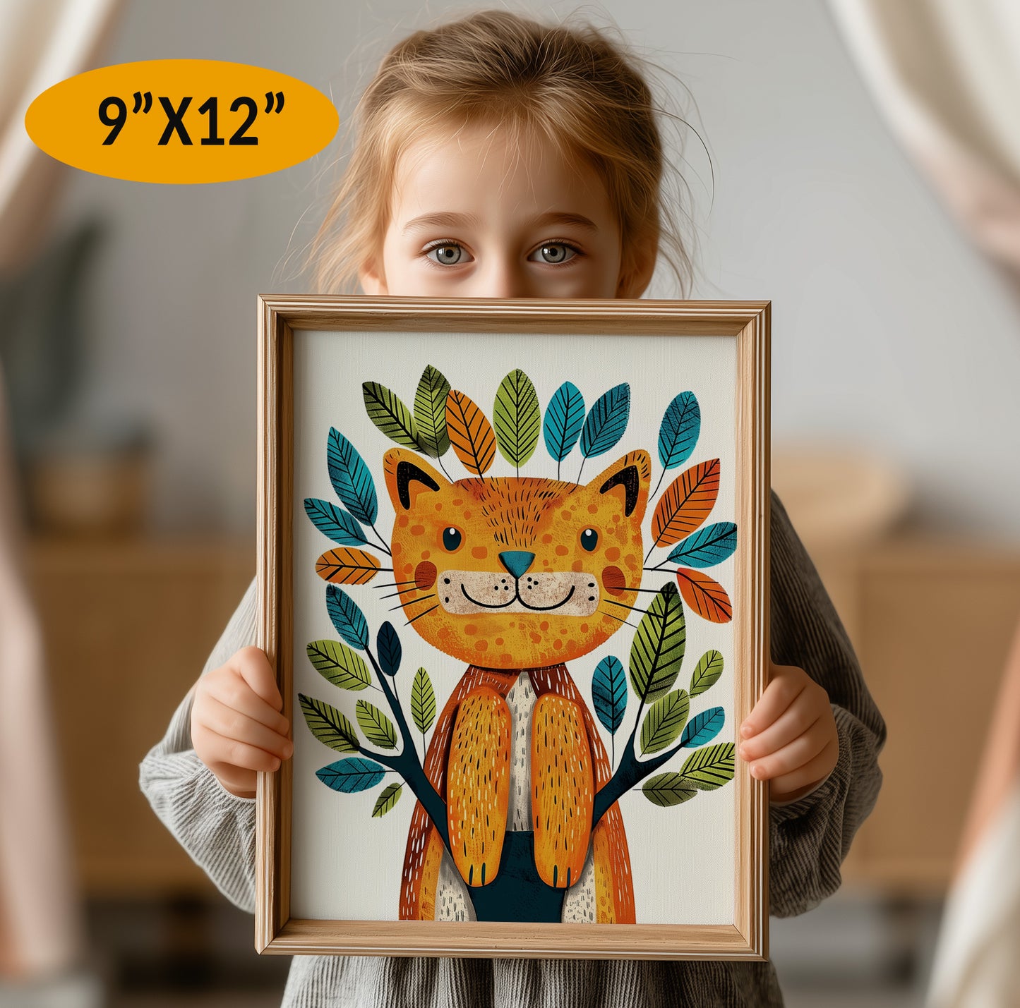 Printable Wall Art for Kids, Boho Style Funny Cat on Tree Print preview