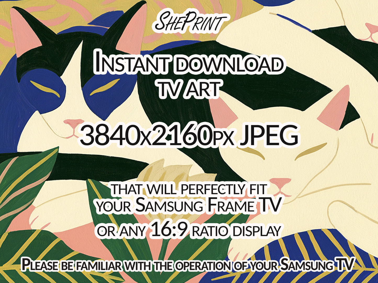 Sleeping Cats Frame TV Art | Modern Folk Cat Wall Art | Colorful Botanical Cat Painting | Digital Download for Samsung Frame TV close up look