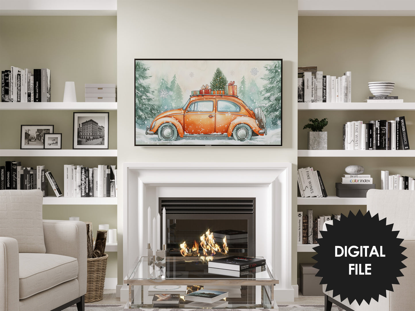 Samsung Frame TV Art | Cute Christmas Beetle Car TV Art preview in modern living room