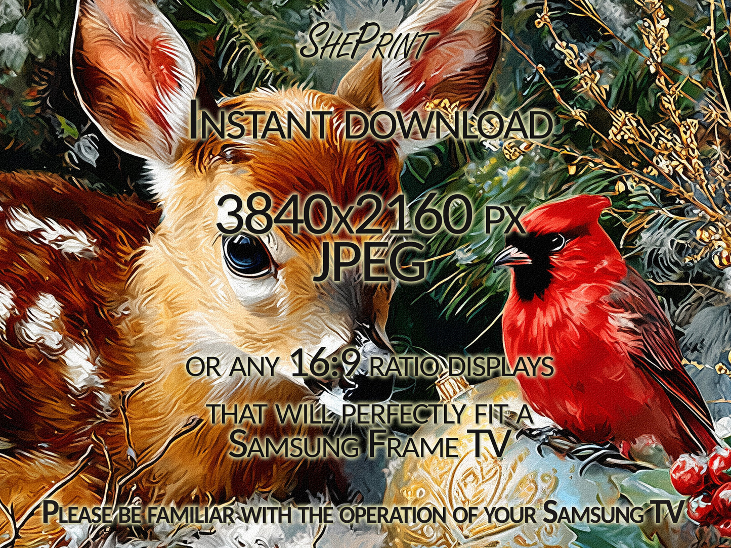 Samsung Frame TV Art Christmas Deer and Red Robin close up view