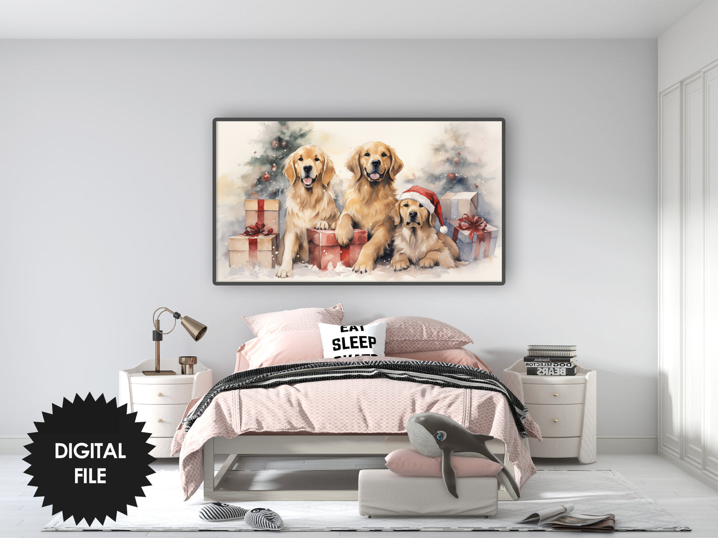 Christmas Retrievers Frame TV Art preview on Samsung Frame TV in kids bedroom