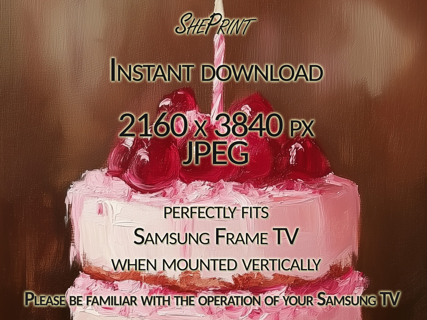 Vertical Frame TV Art | Classic Birthday Cake Painting close up view