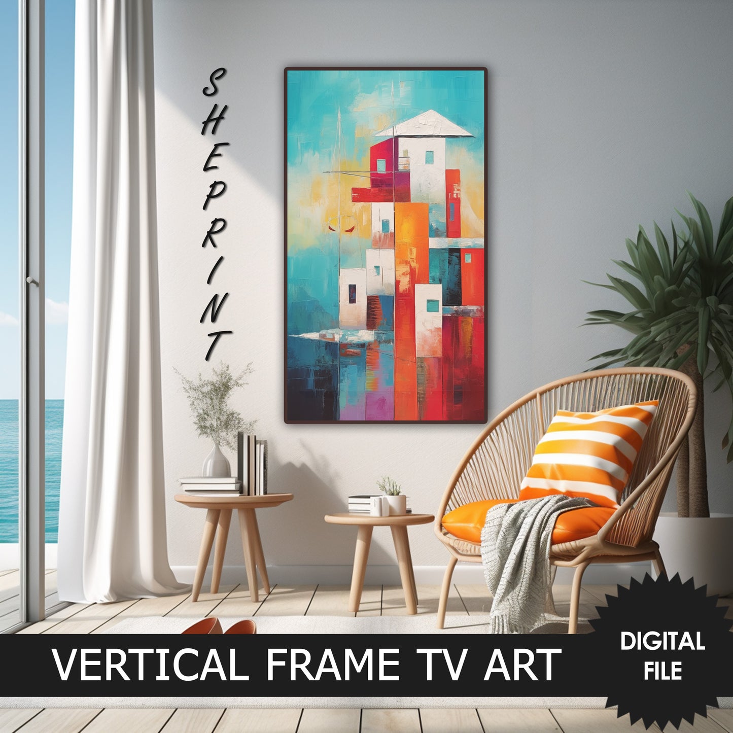Vertical Frame TV Art, Coastal Town Abstract Art preview in modern seaside ambience