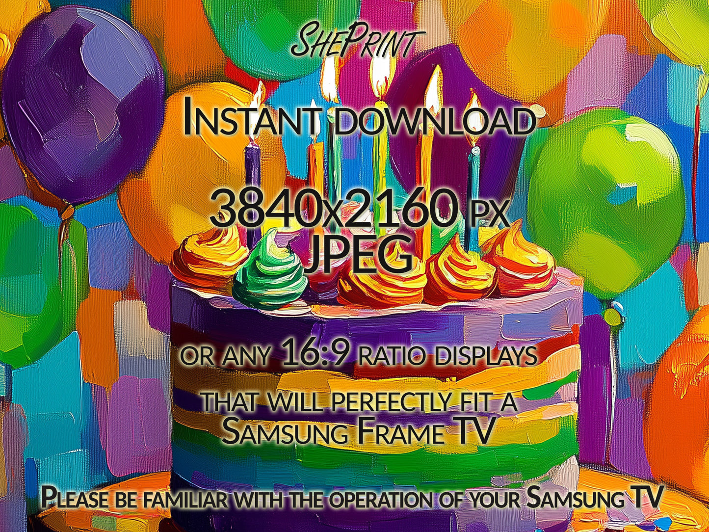 Birthday Frame TV Art, Happy Birthday, Colorful Bday Cake and Balloons Painting close up view