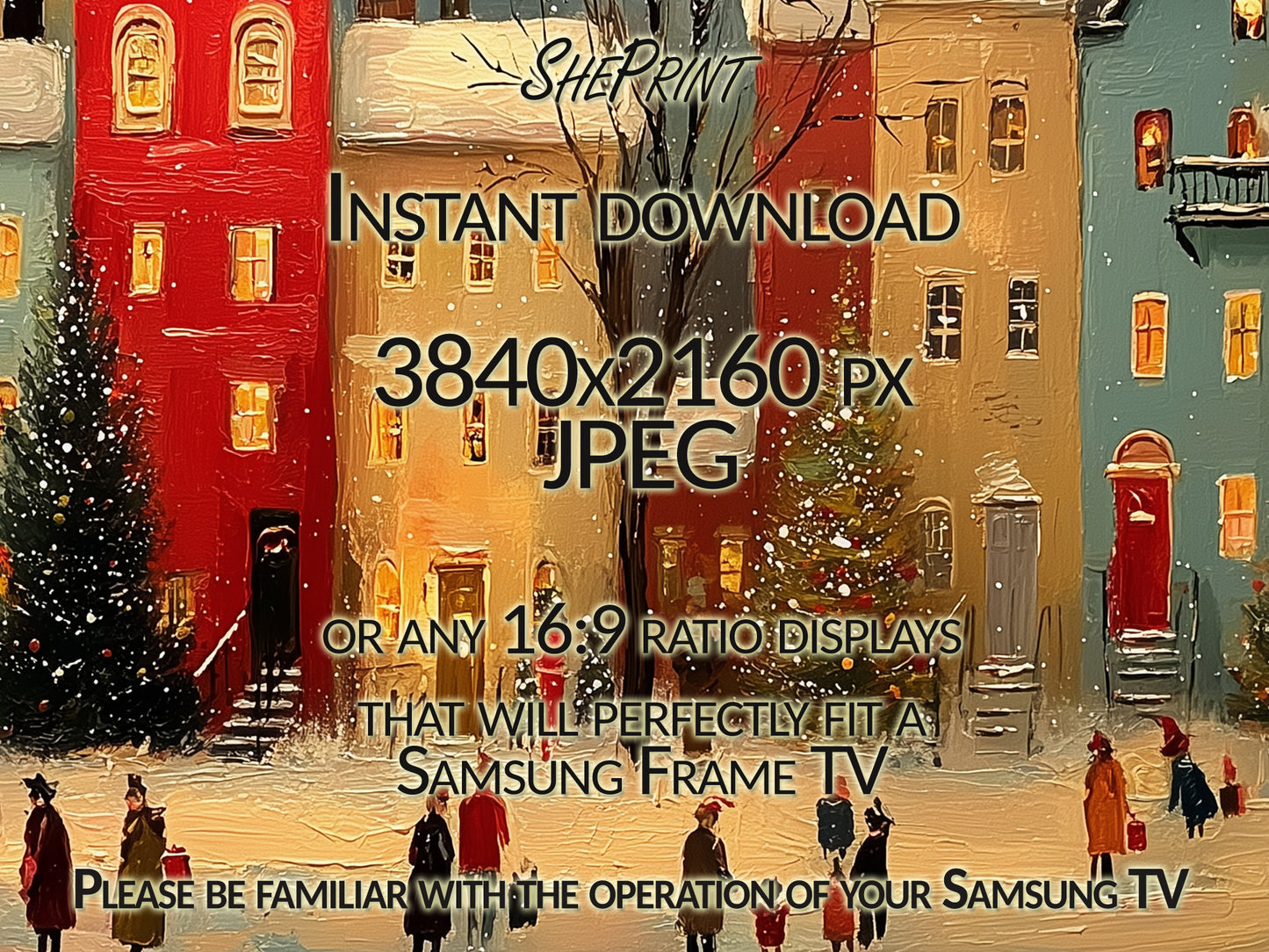Colorful Christmas Town Frame TV Art | Digital Painting | Instant Download close up look