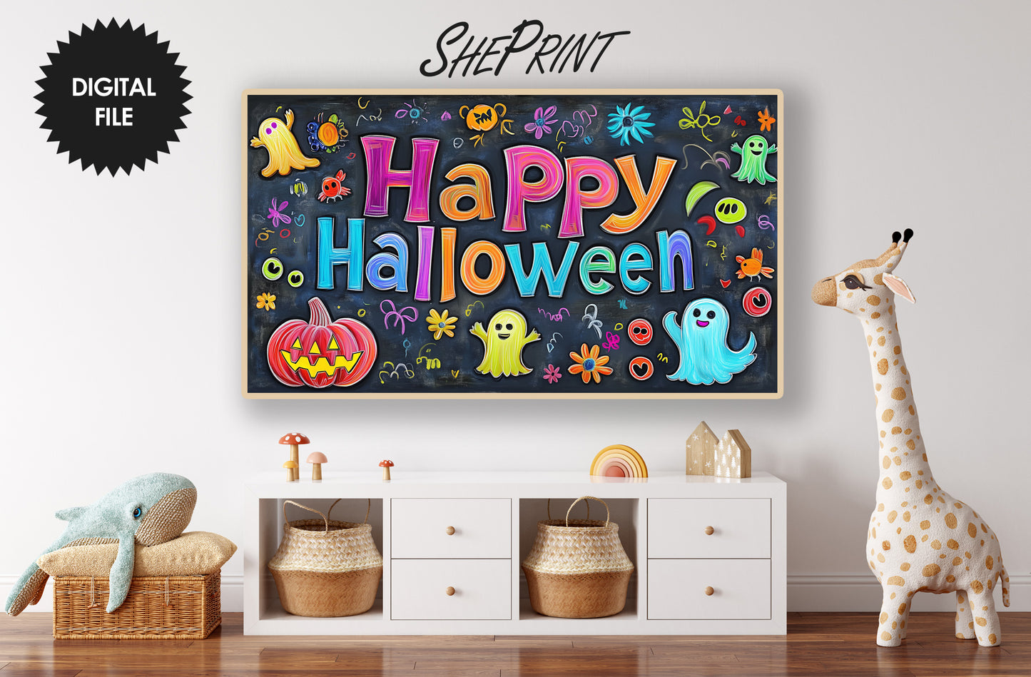 Frame TV Art Happy Halloween Colorful Chalkboard For Kids preview in kids room