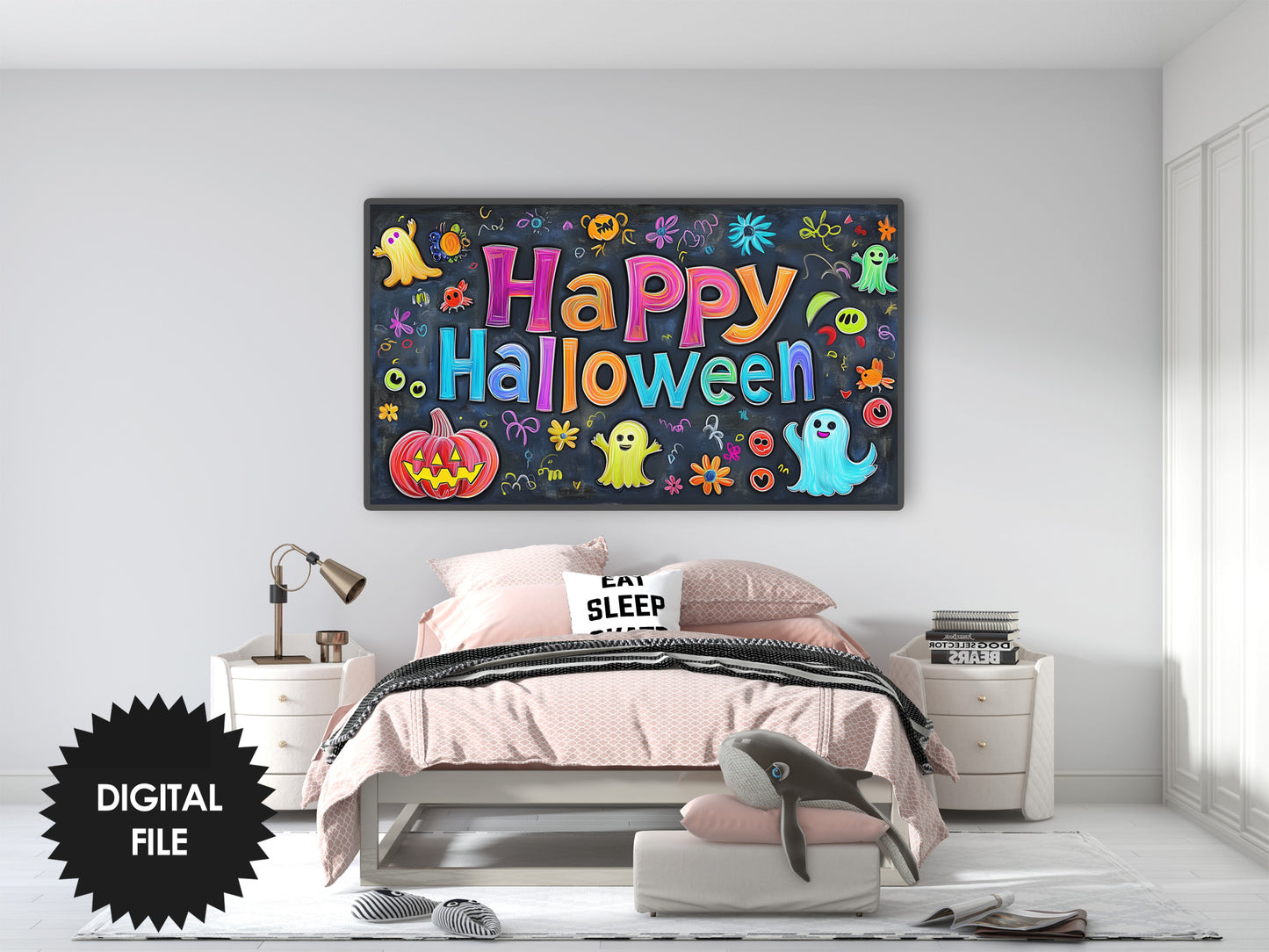 Frame TV Art Happy Halloween Colorful Chalkboard For Kids preview in teen room