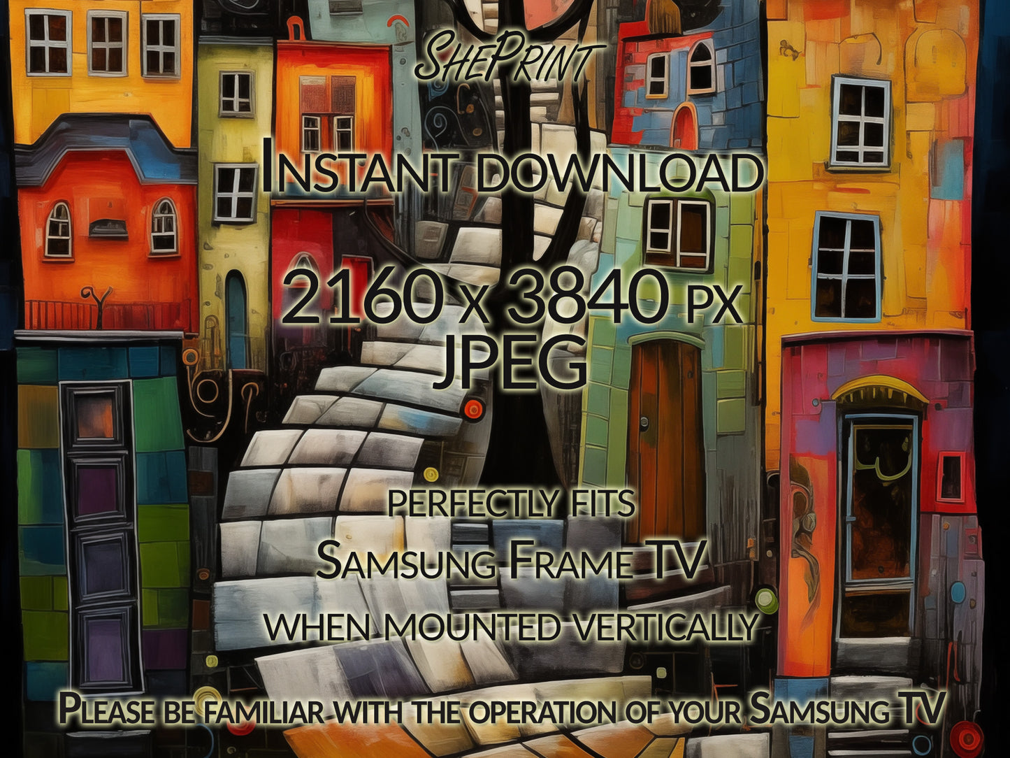 Vertical Frame TV Art, Colorful Night Town Abstract Art, close up view