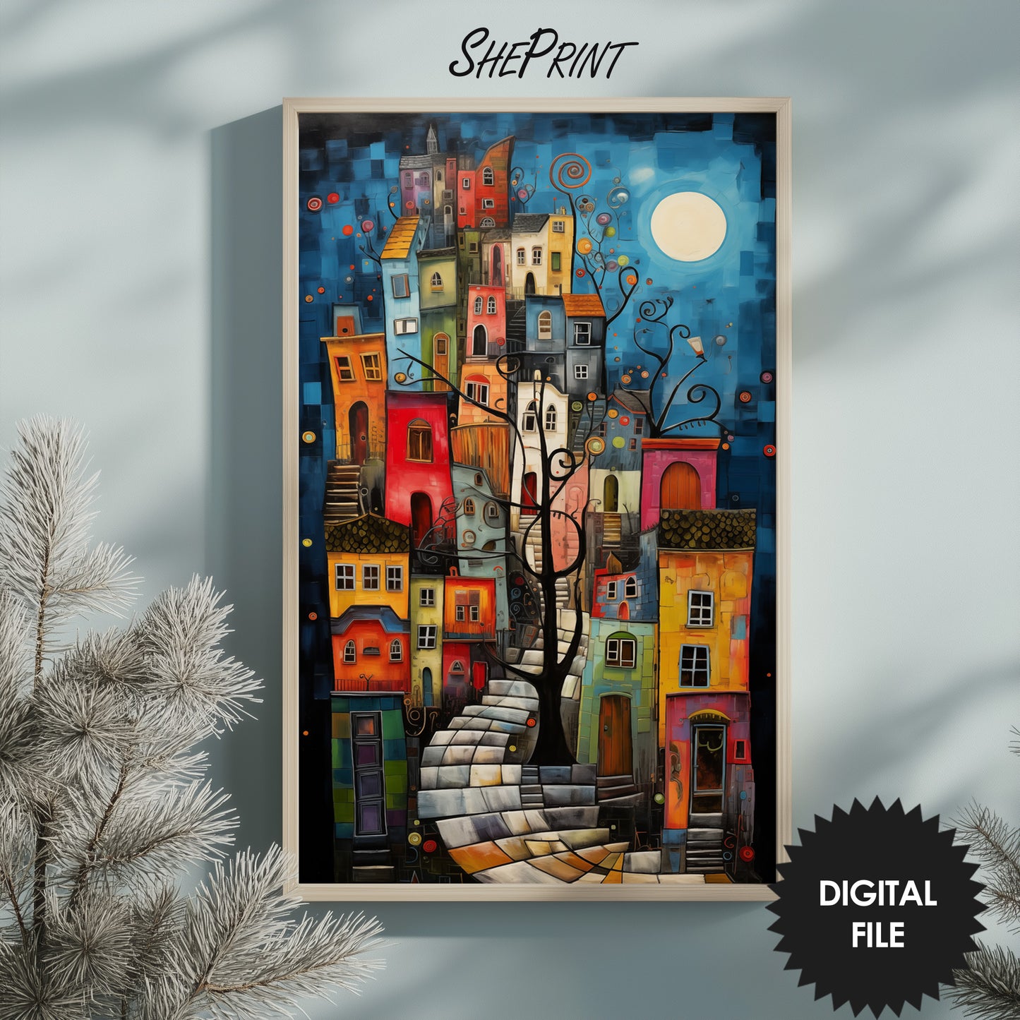 Vertical Frame TV Art, Colorful Night Town Abstract Art, preview with light wood frame