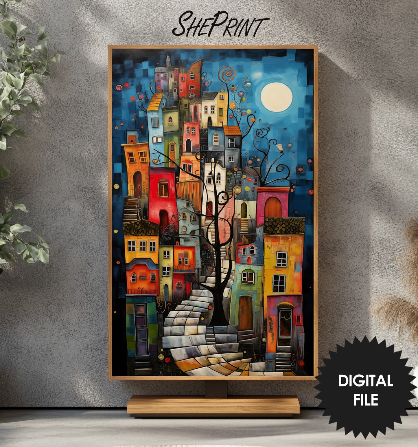 Vertical Frame TV Art, Colorful Night Town Abstract Art, preview on frame TV stand