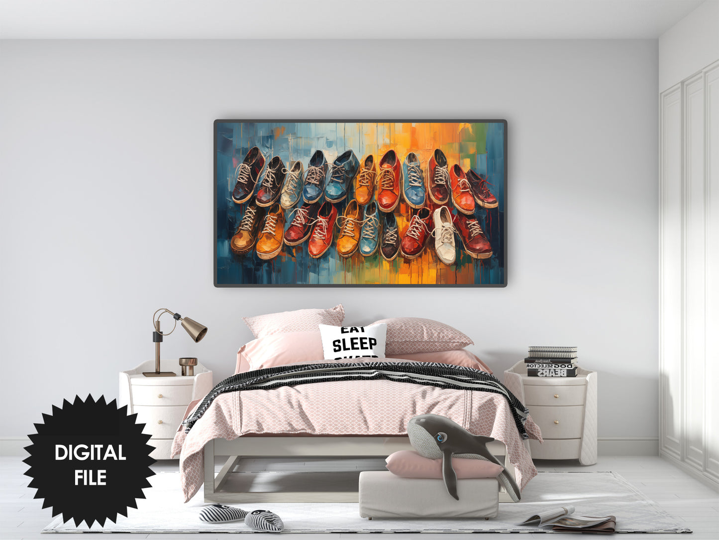 Colorful Shoes Painting, Samsung Frame TV Art preview in teen bedroom