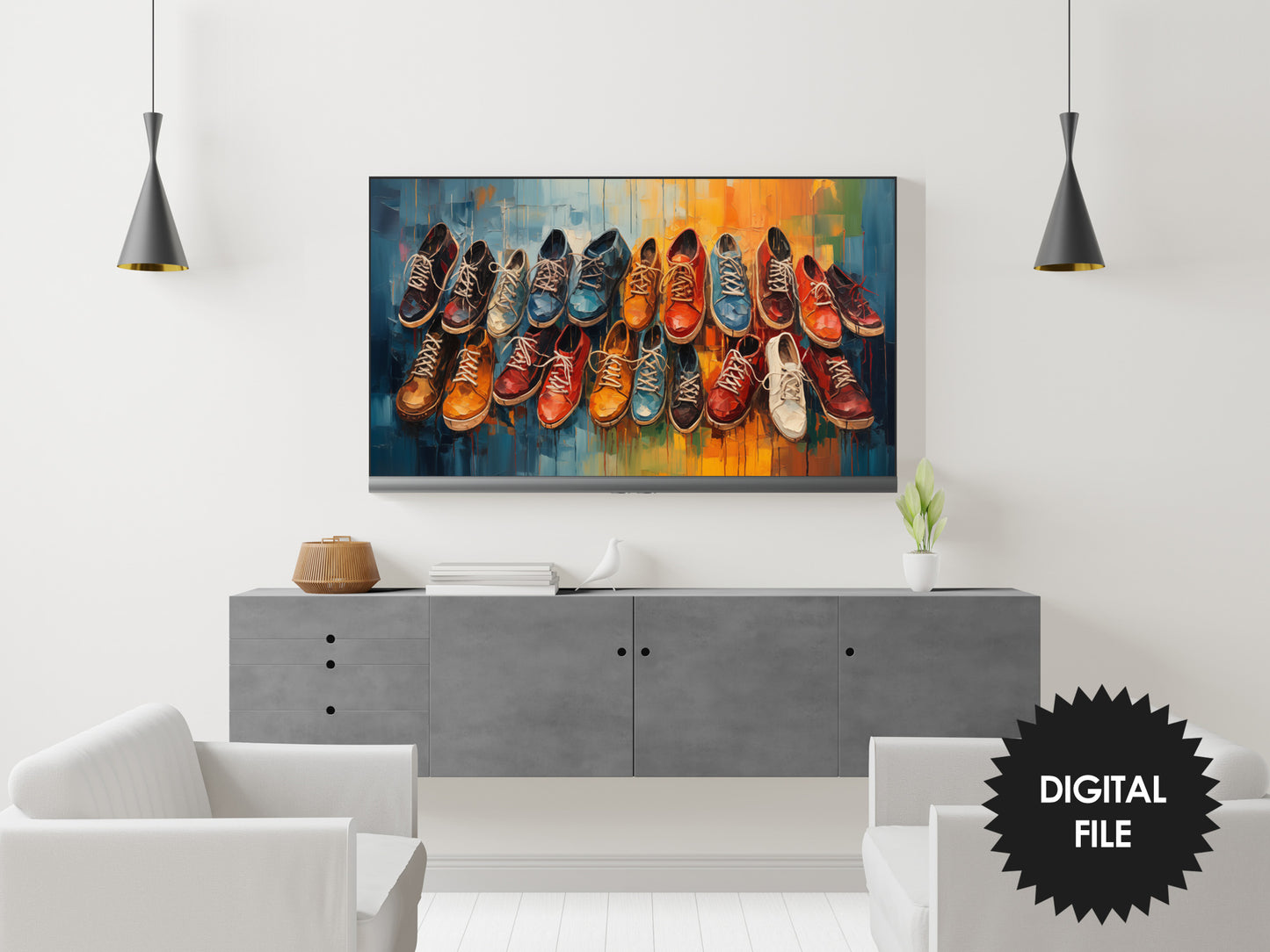 Colorful Shoes Painting, Samsung Frame TV Art preview in modern living room