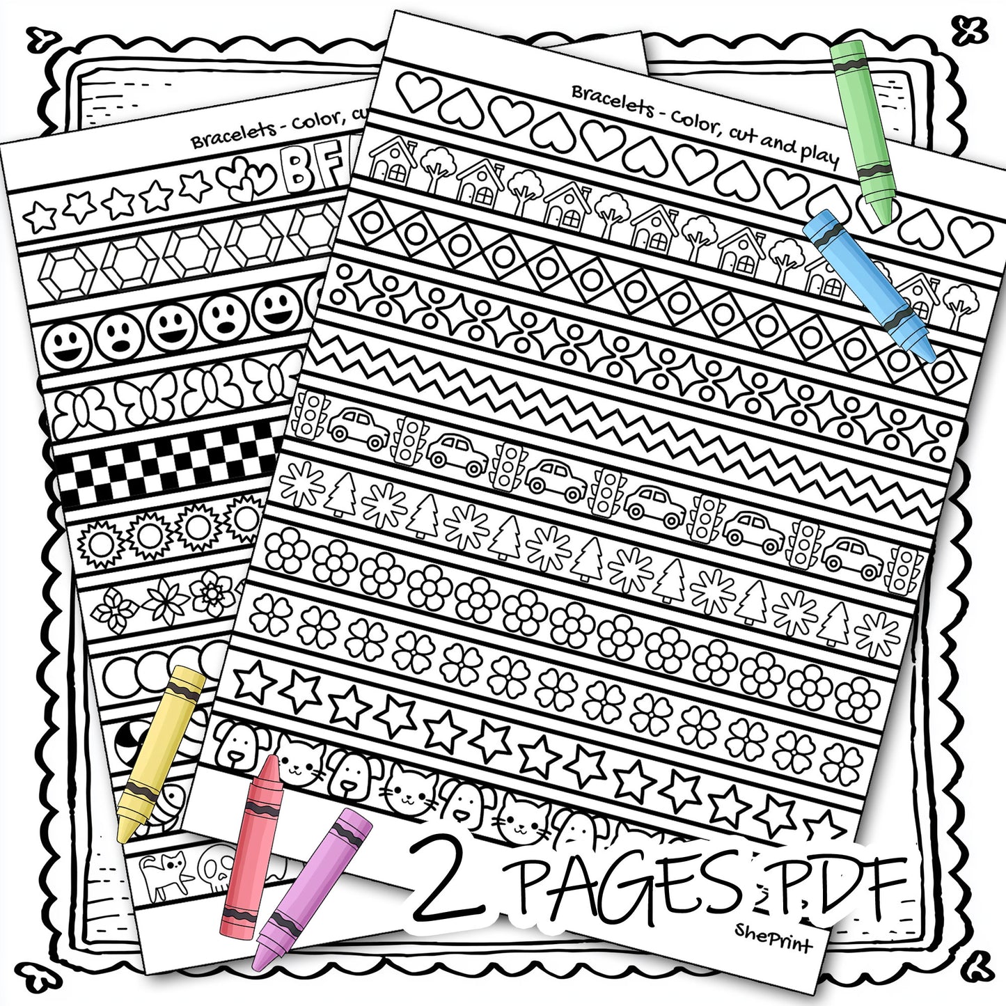 Coloring Bracelets For Girls, 22 Cute Designs to Color & Make, 2 Pages PDF Instant Download