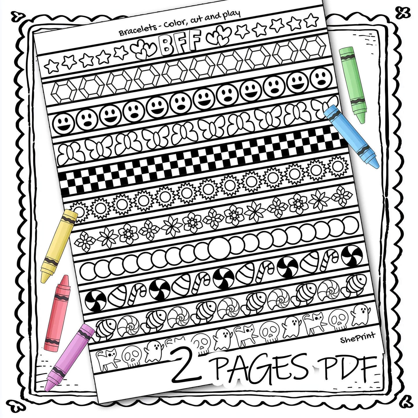 Coloring Bracelets For Girls, 22 Cute Designs to Color & Make, 2 Pages PDF Instant Download, page 1 review