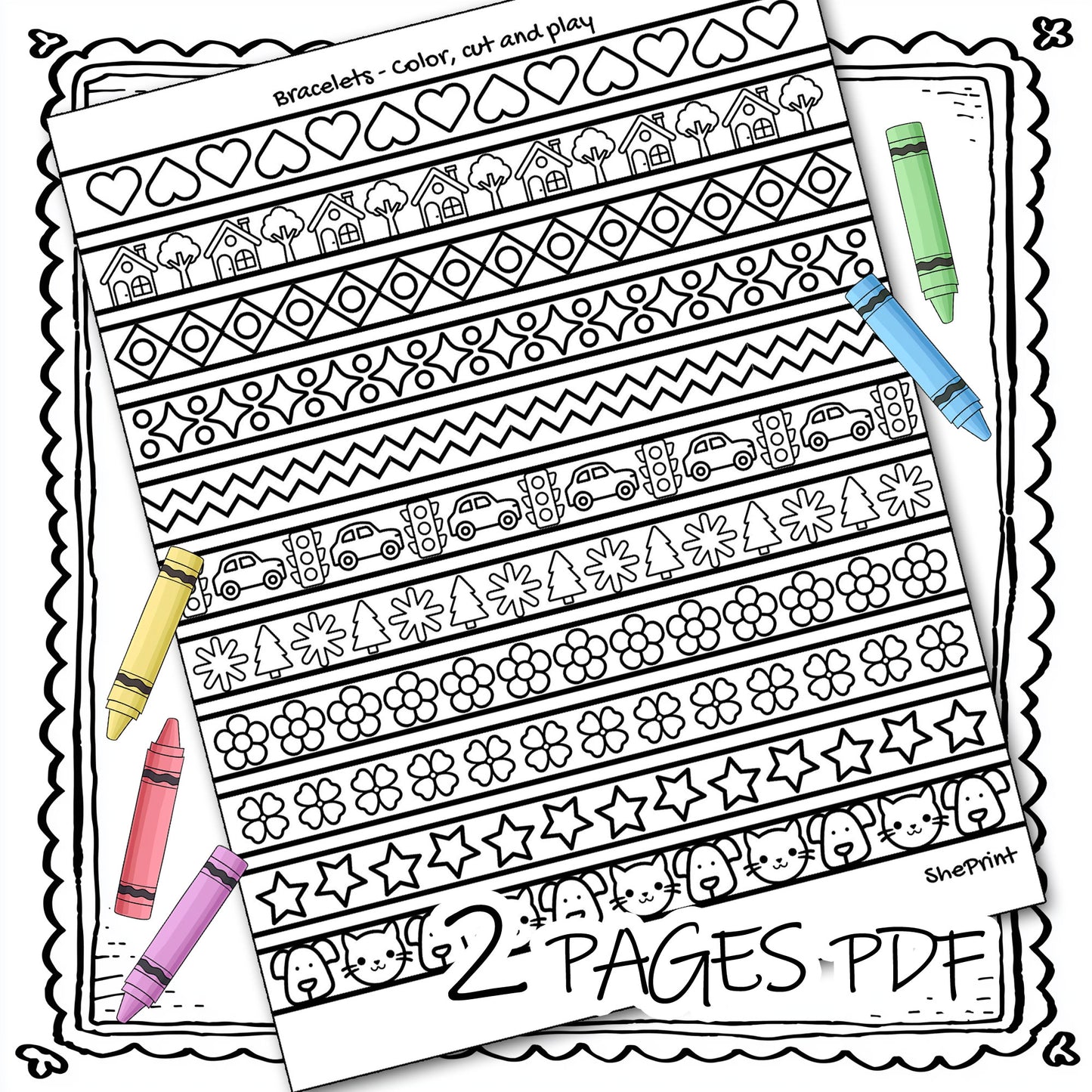 Coloring Bracelets For Girls, 22 Cute Designs to Color & Make, 2 Pages PDF Instant Download, page 2 preview