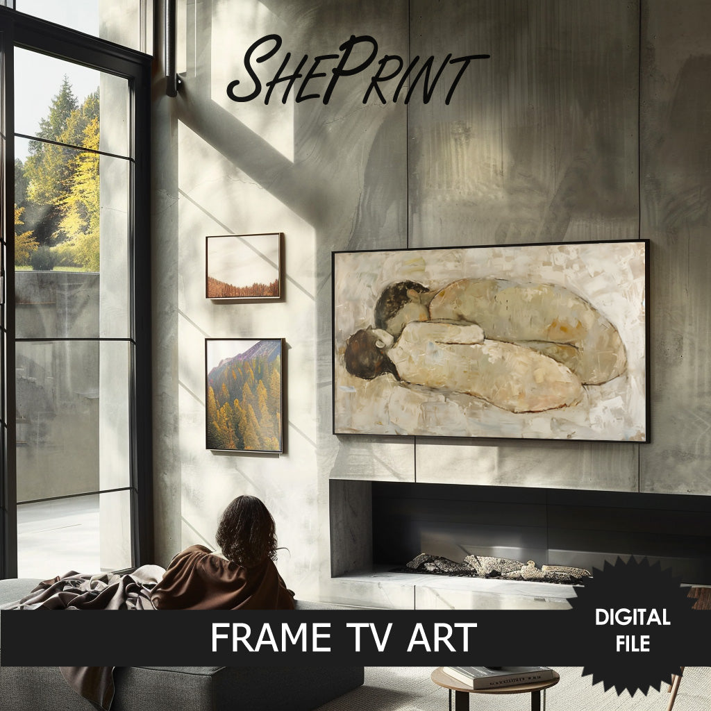 Frame TV Art, Couple Abstract Impressionism Art, Neutral Earthy Colors preview in modern luxury living room