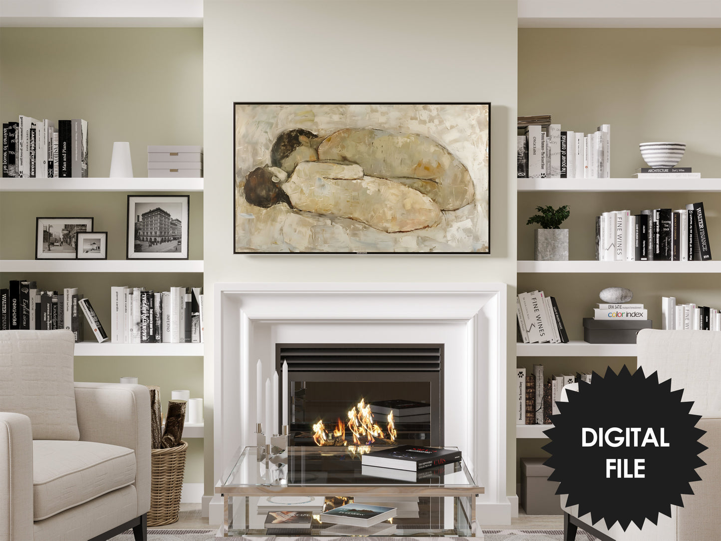 Frame TV Art, Couple Abstract Impressionism Art, Neutral Earthy Colors preview in living room