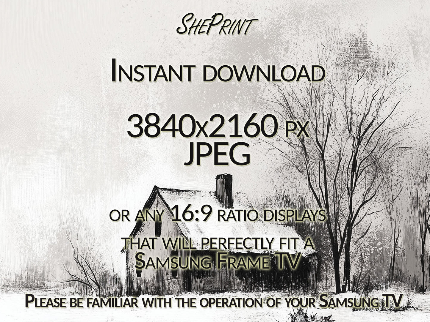 Cozy Winter Cottage Monochrome Frame TV Art close up look