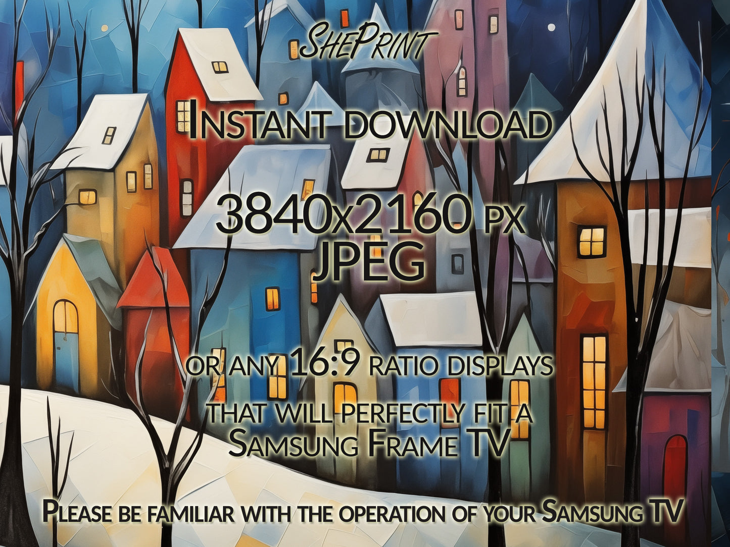 Winter Samsung Frame TV Art | Cozy Winter Town Painting | Digital TV Art | Instant Download