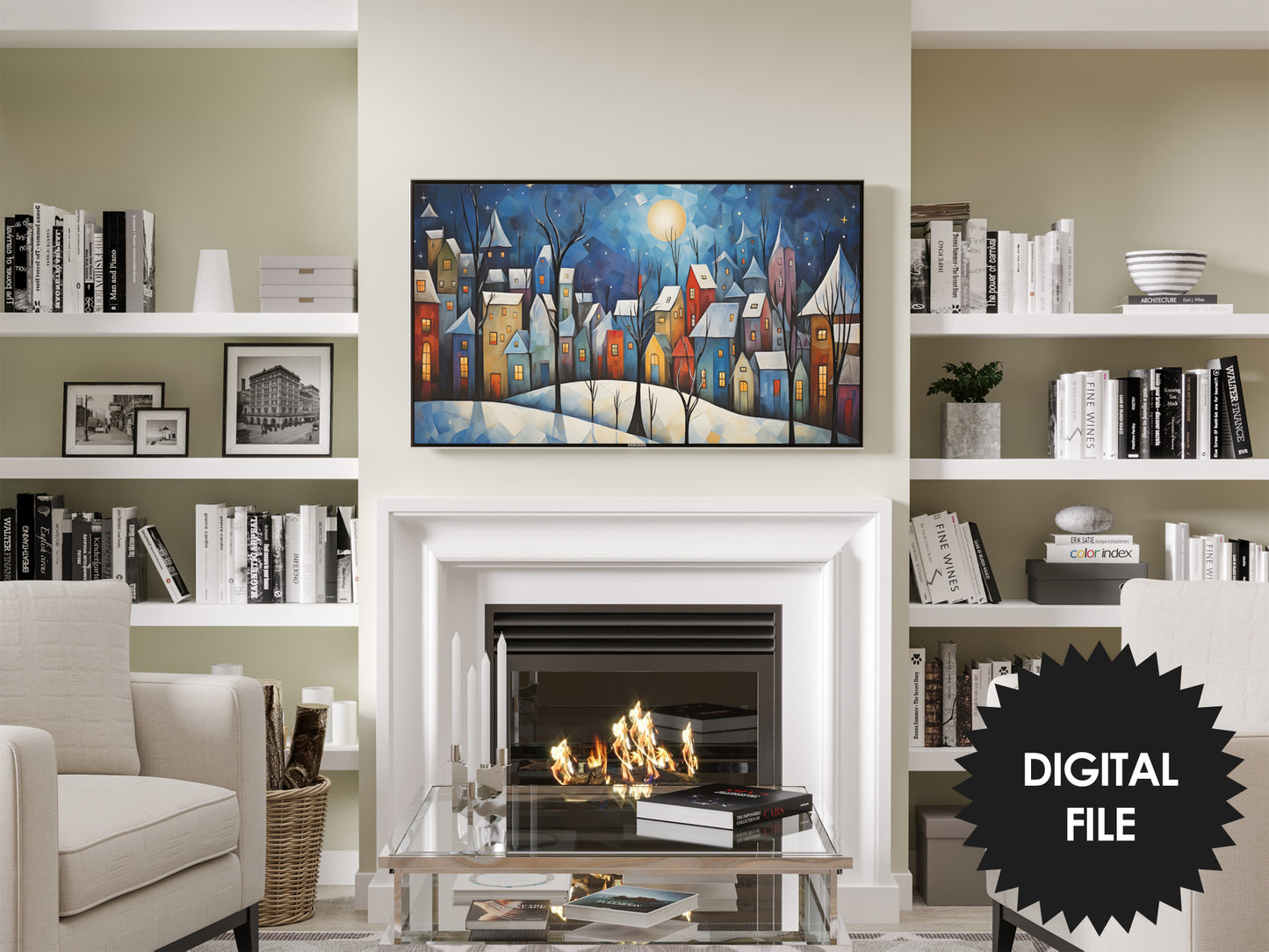 Winter Samsung Frame TV Art | Cozy Winter Town Painting | Digital TV Art | Instant Download