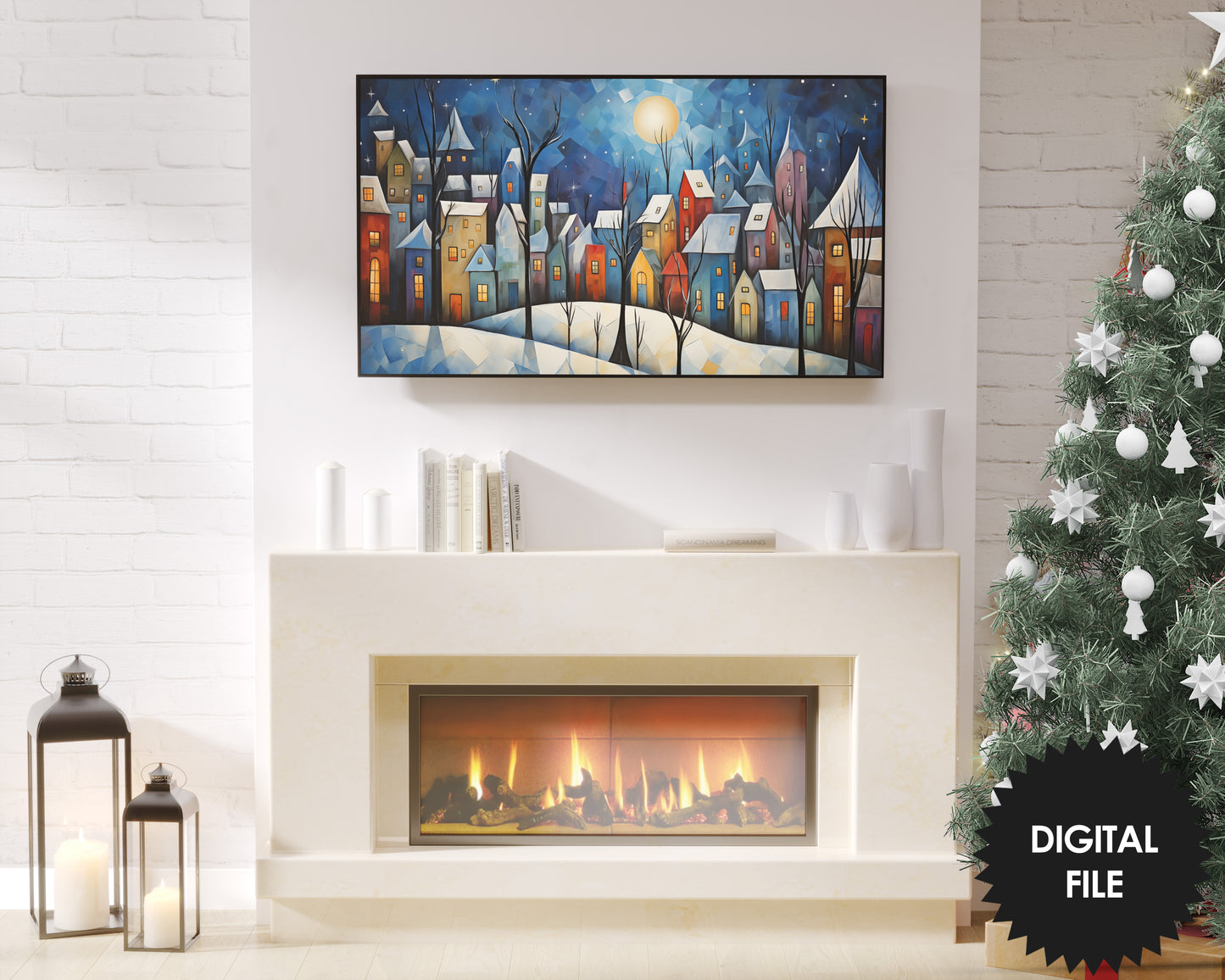 Winter Samsung Frame TV Art | Cozy Winter Town Painting | Digital TV Art | Instant Download