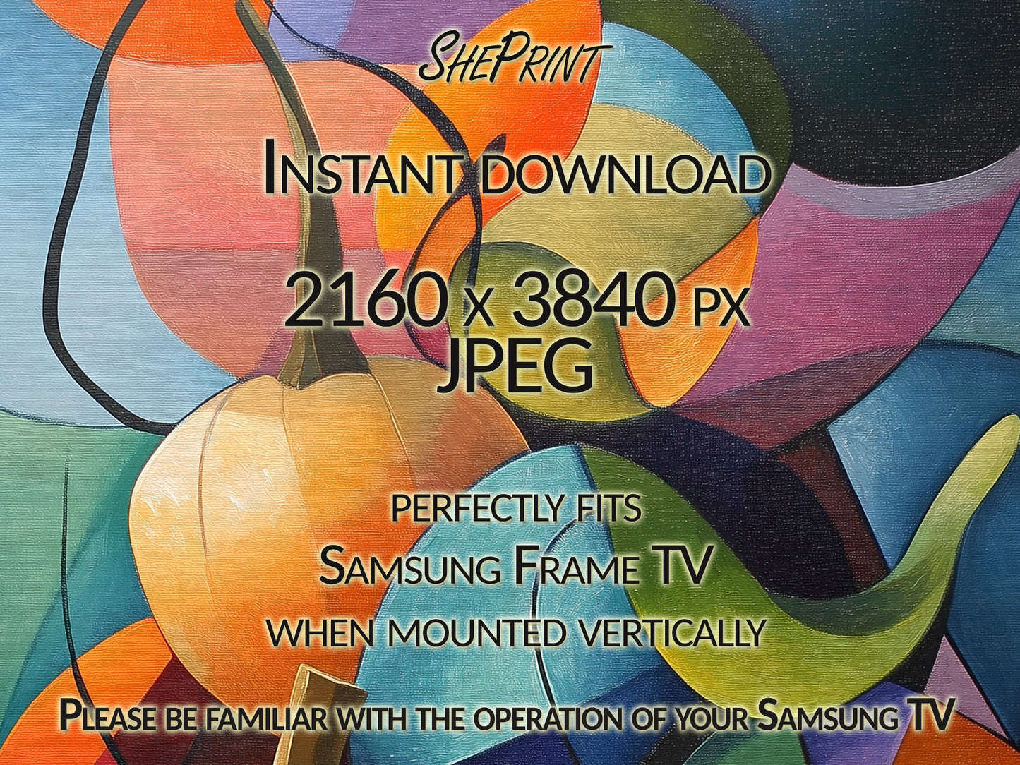 Samsung Vertical Frame TV Art, Abstract Pumpkins Painting, Cubism Art close up view