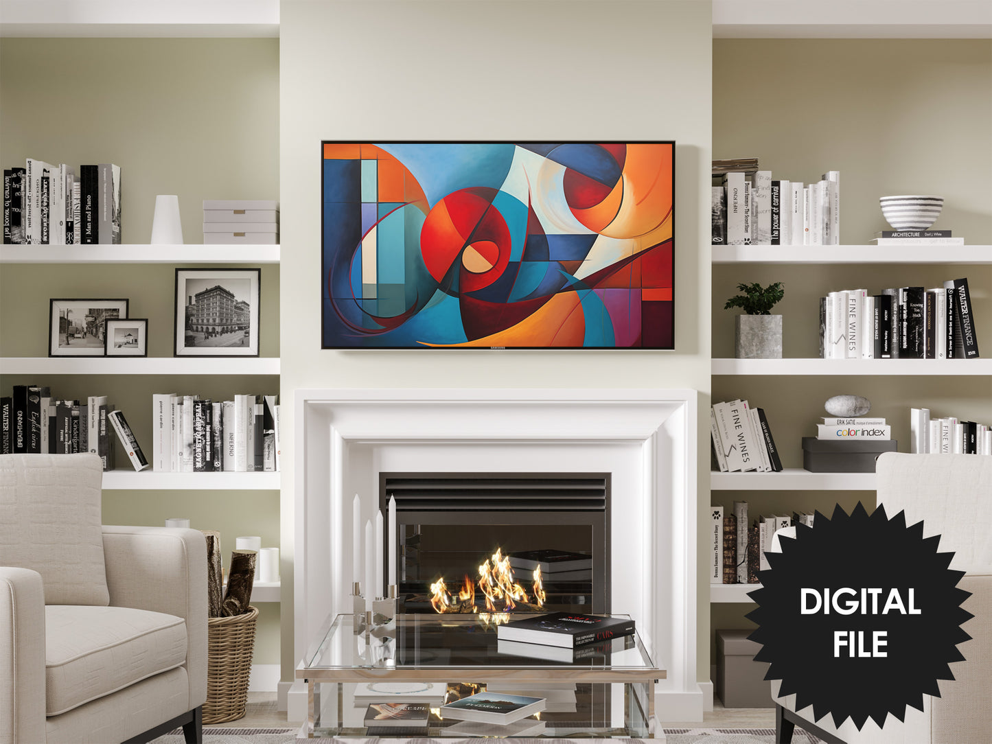 Vertical & Horizontal Frame TV Art, Curvy Shapes Abstract Art, preview in modern living room