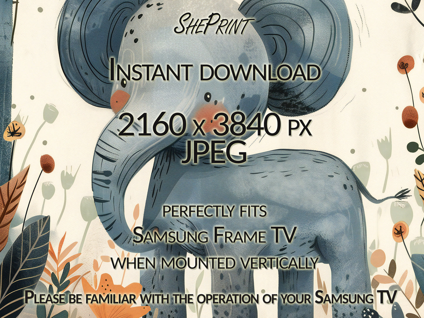 Cute Elephant Vertical Frame TV Art For Kids, Safari Animals Art, Boho Style close up view