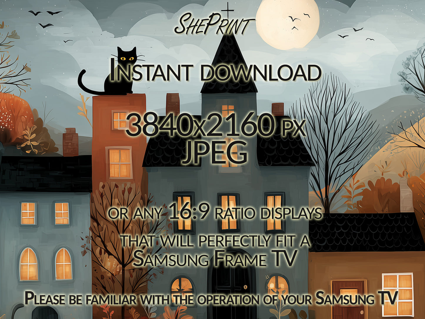 Samsung Frame TV Art, Cute Fall Halloween City close up look