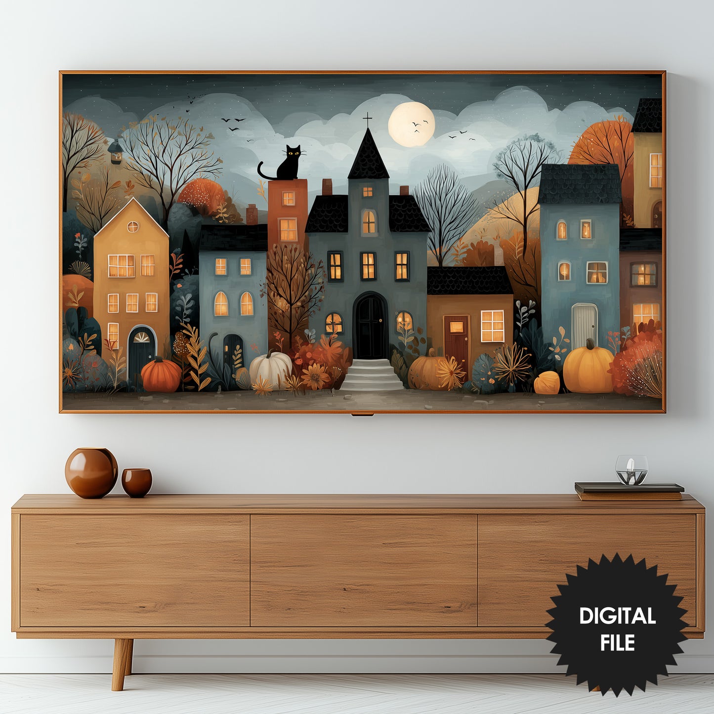 Samsung Frame TV Art, Cute Fall Halloween City preview in living room