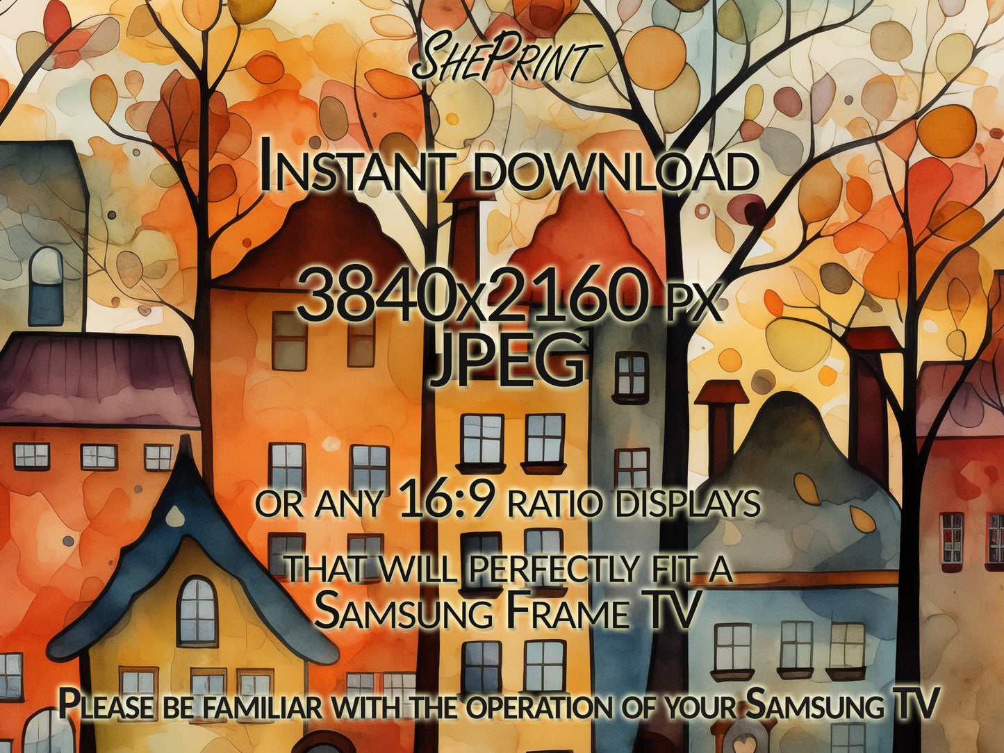 Frame TV Art | Cute Fall Town Watercolor Abstract Art close up look