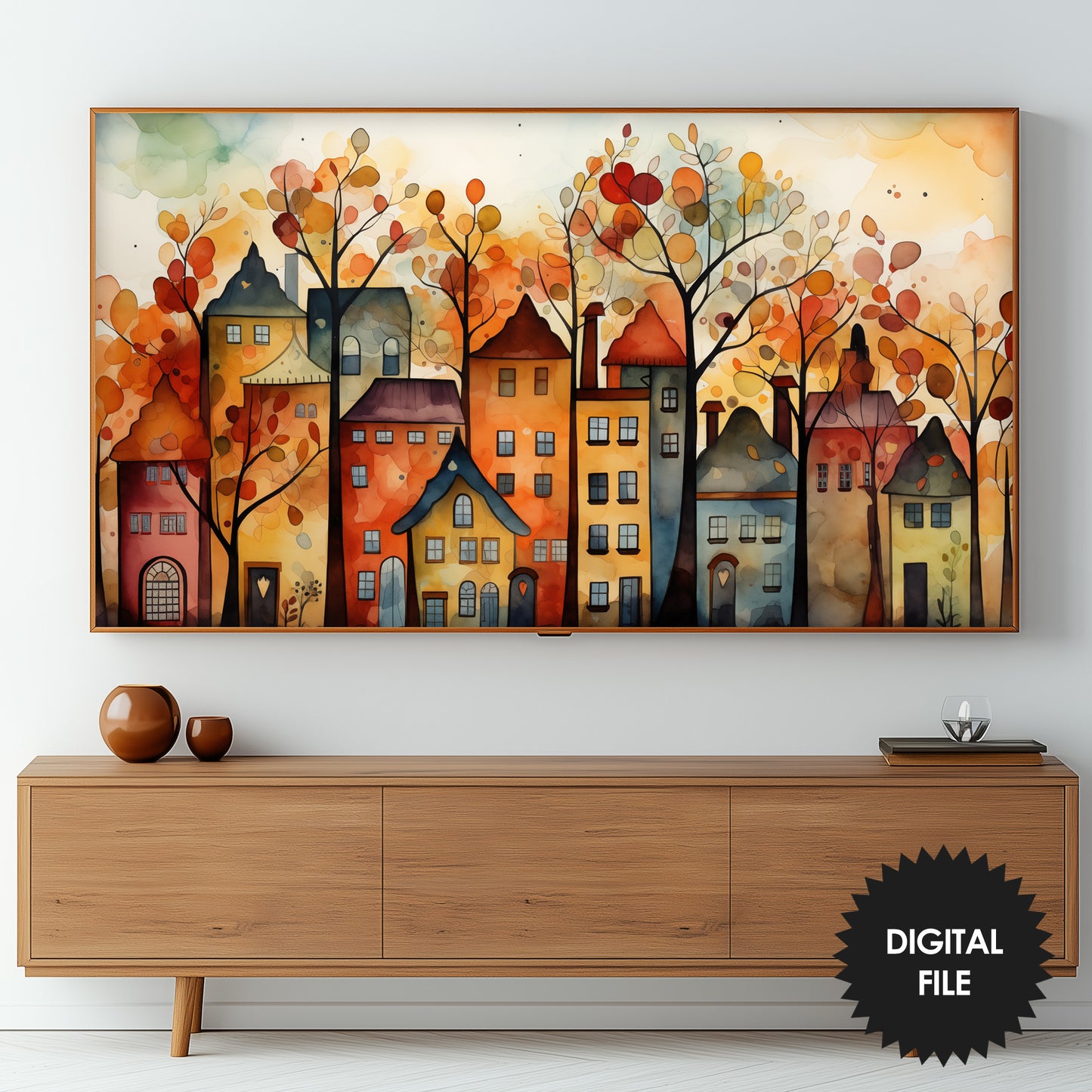 Frame TV Art | Cute Fall Town Watercolor Abstract Art preview in living room