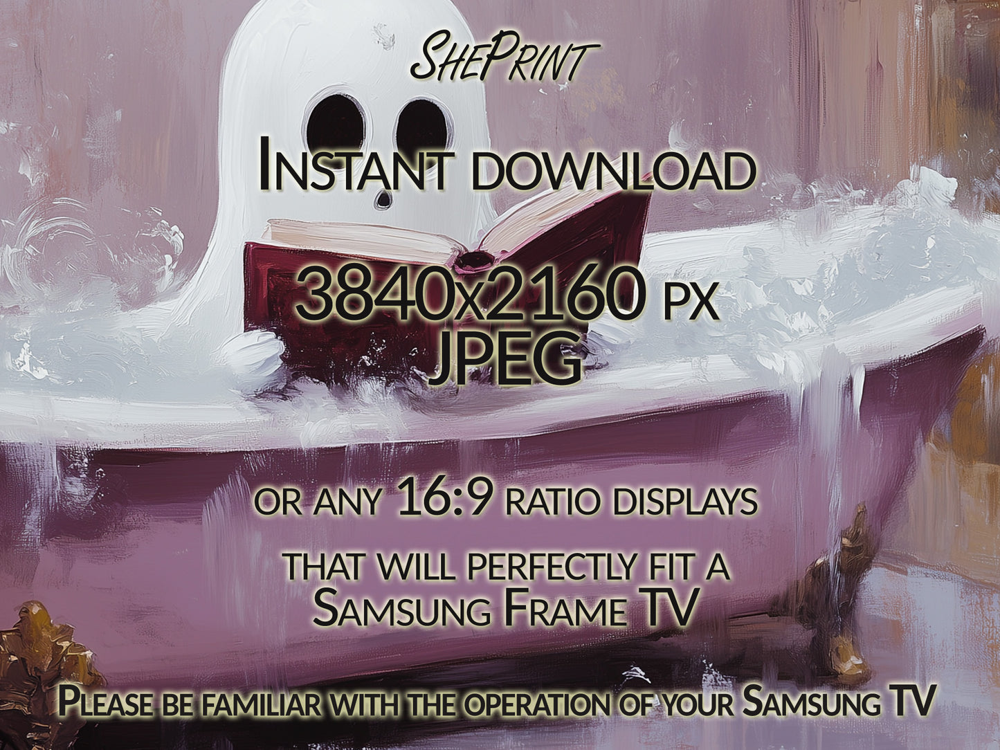 Samsung Frame TV Art Halloween | Cute Halloween Ghost in Purple Vintage Bathtub close up view