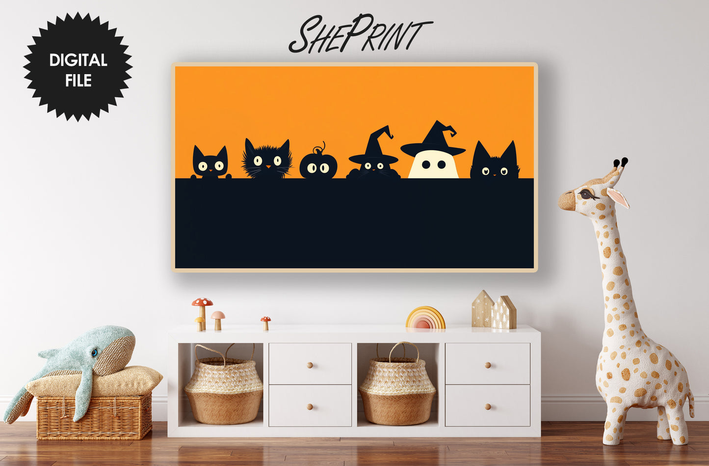Samsung Frame TV Art For Kids | Cute Halloween Creatures TV Banner preview in kids room