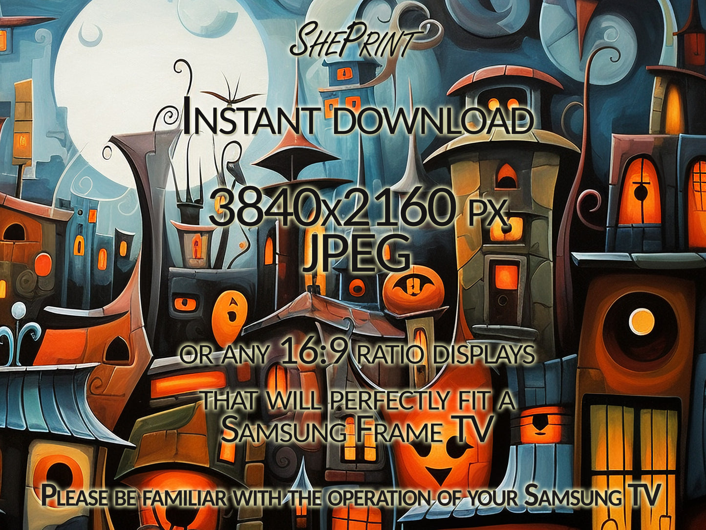 Samsung Frame TV Art, Cute Halloween Town, Digital TV Art, Instant Download