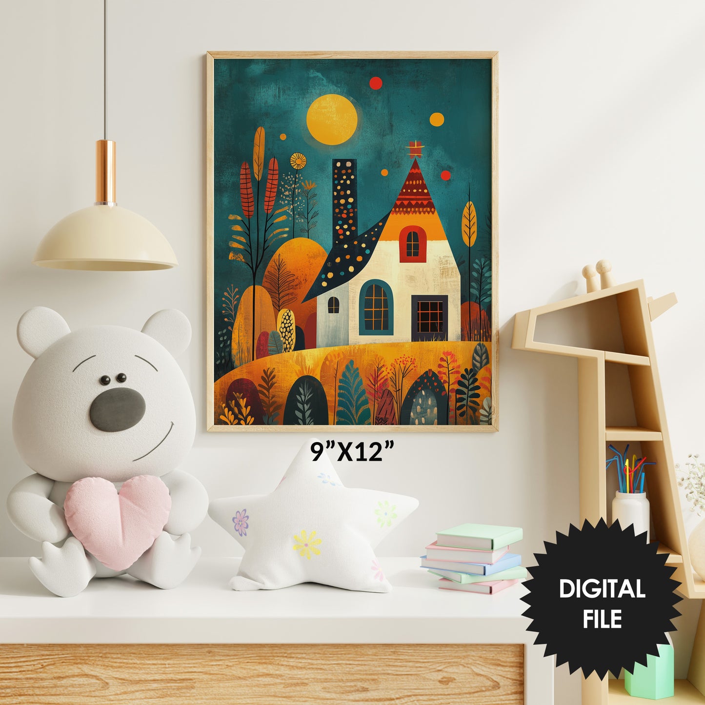 Printable Wall Art for Kids, Boho Style Cute House Print preview in kids room