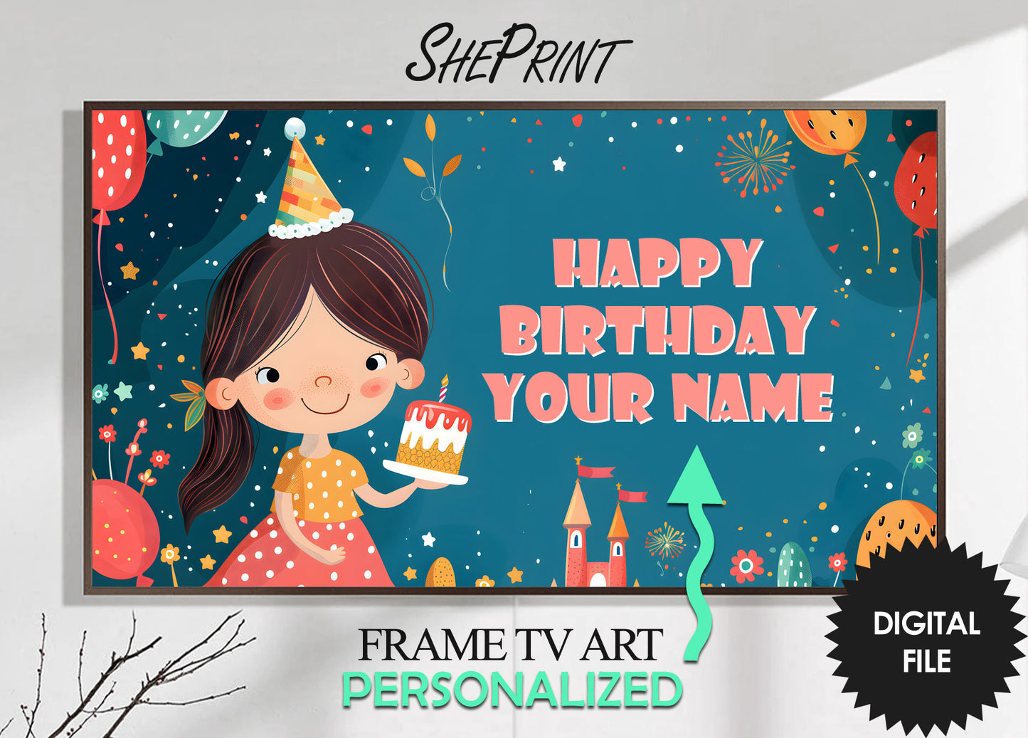 Personalized Birthday Frame TV Art For Little Girls | Happy Birthday Cute Princess preview
