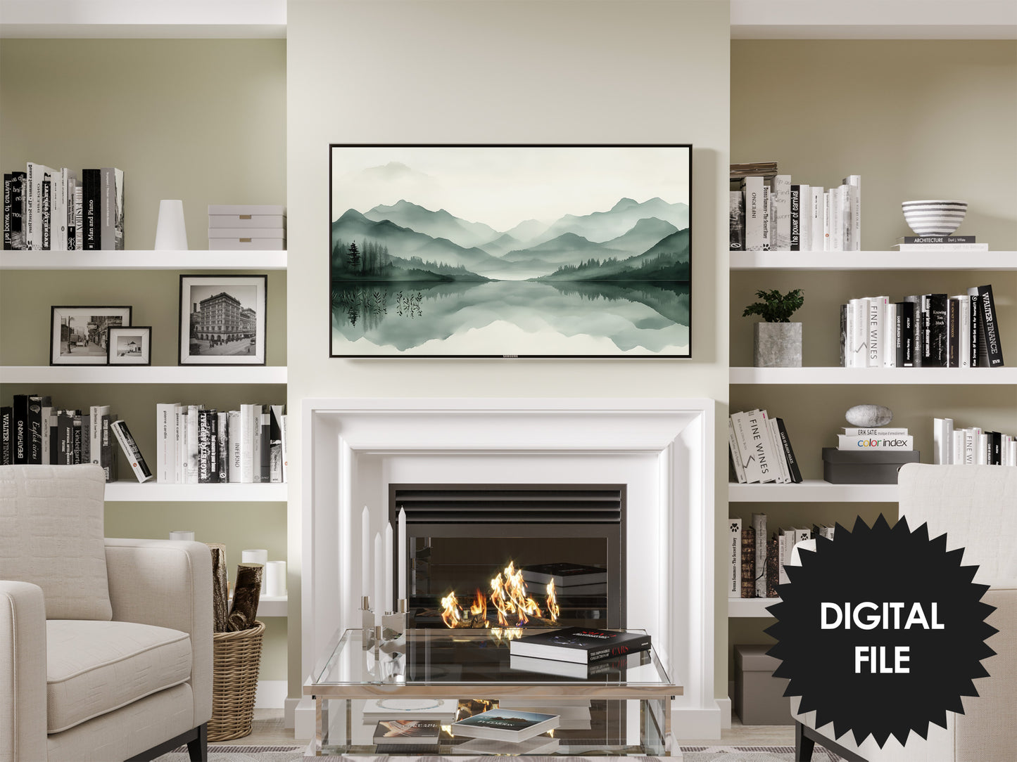 Frame TV Art | Distant Mountains Landscape Watercolor Painting preview in modern living room