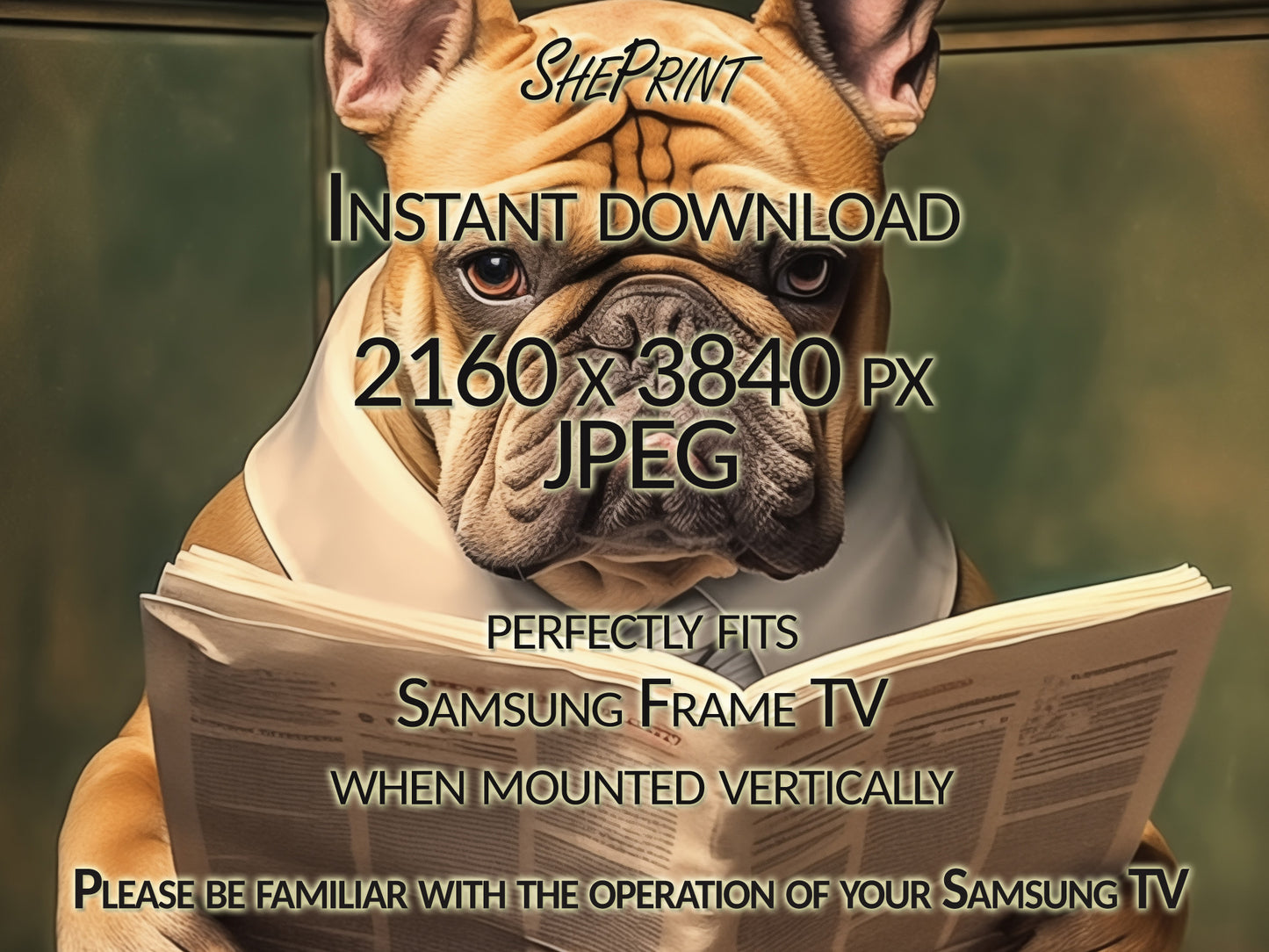 Vertical Frame TV Art | Dog Reading Bad News | Funny French Bulldog Portrait | Digital TV Art JPEG Image | Instant Download