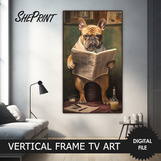 Vertical Frame TV Art | Dog Reading Bad News | Funny French Bulldog Portrait | Digital TV Art JPEG Image | Instant Download