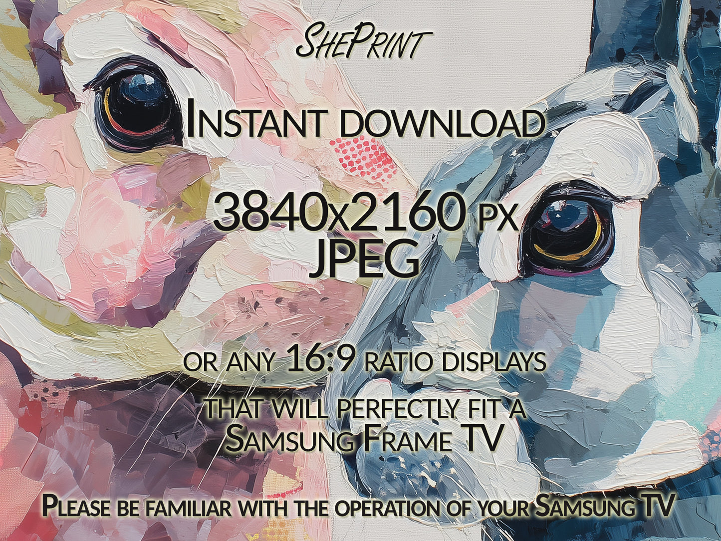 Easter Bunnies Abstract TV Art | Impasto Cubism Painting | Instant Digital Download close up look
