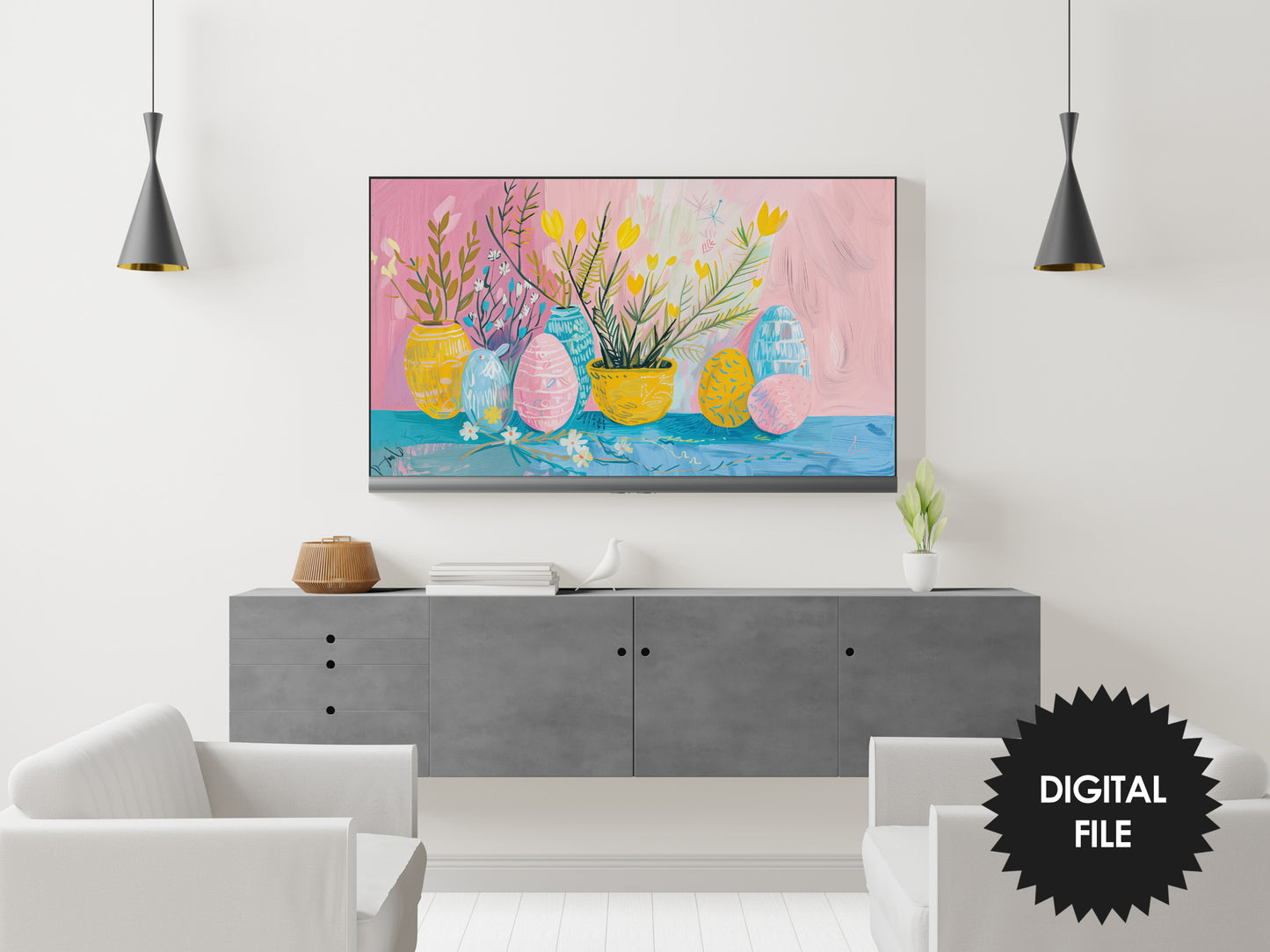 Frame TV Art Easter Still Life Pastel Colors preview in modern gray tones living room