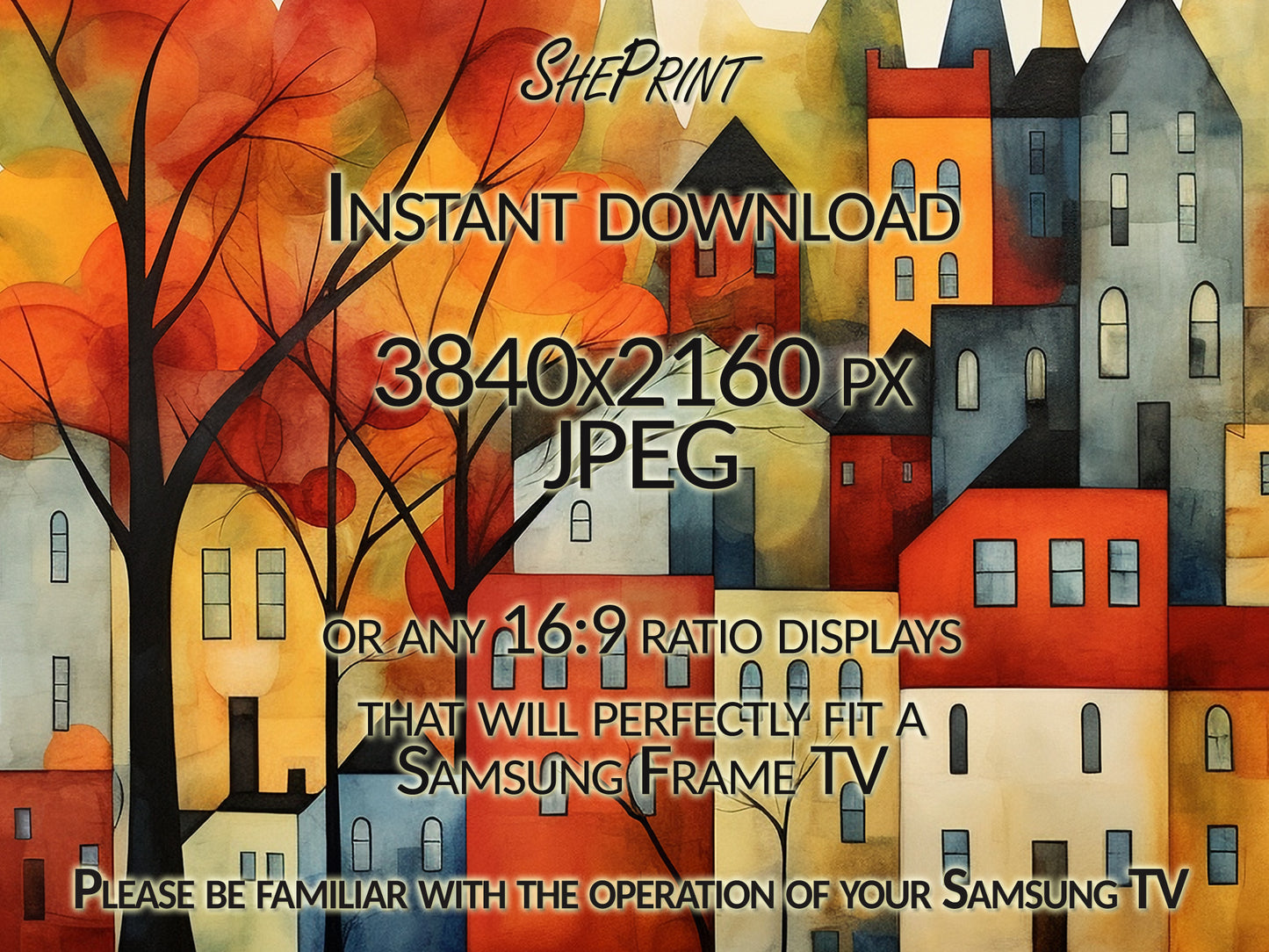 Autumn Samsung Frame TV Art | Fall City Watercolor | Digital TV Art | Digital Painting | Instant Download