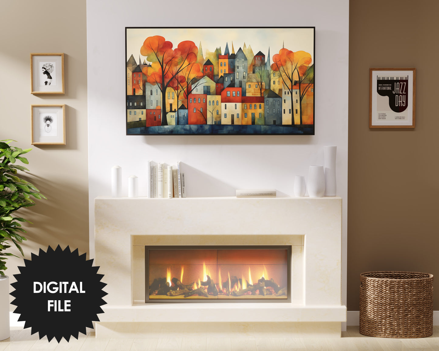 Autumn Samsung Frame TV Art | Fall City Watercolor | Digital TV Art | Digital Painting | Instant Download