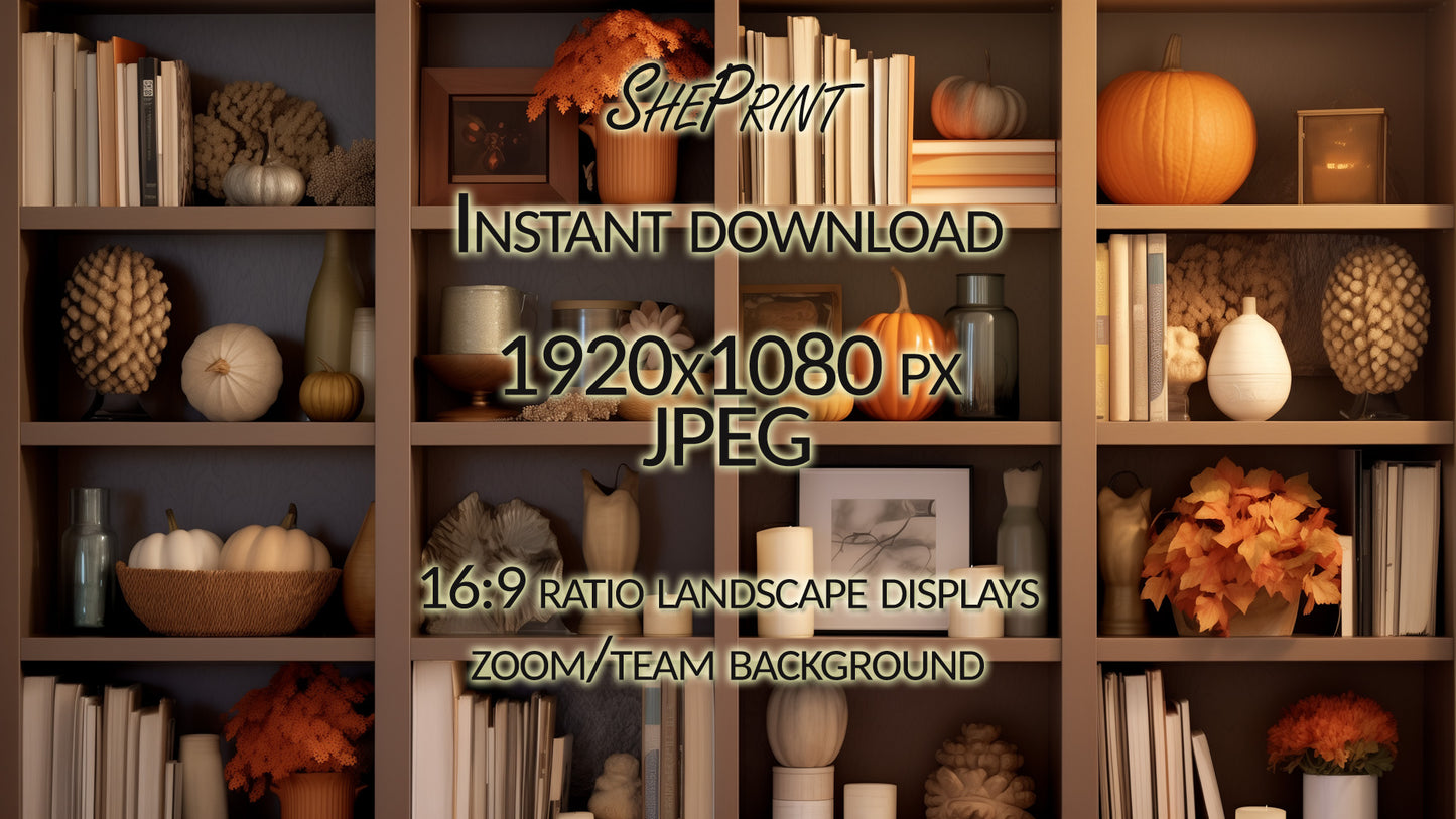 Fall Zoom Background: Autumn Home Office Bookcase Backdrop, clear full