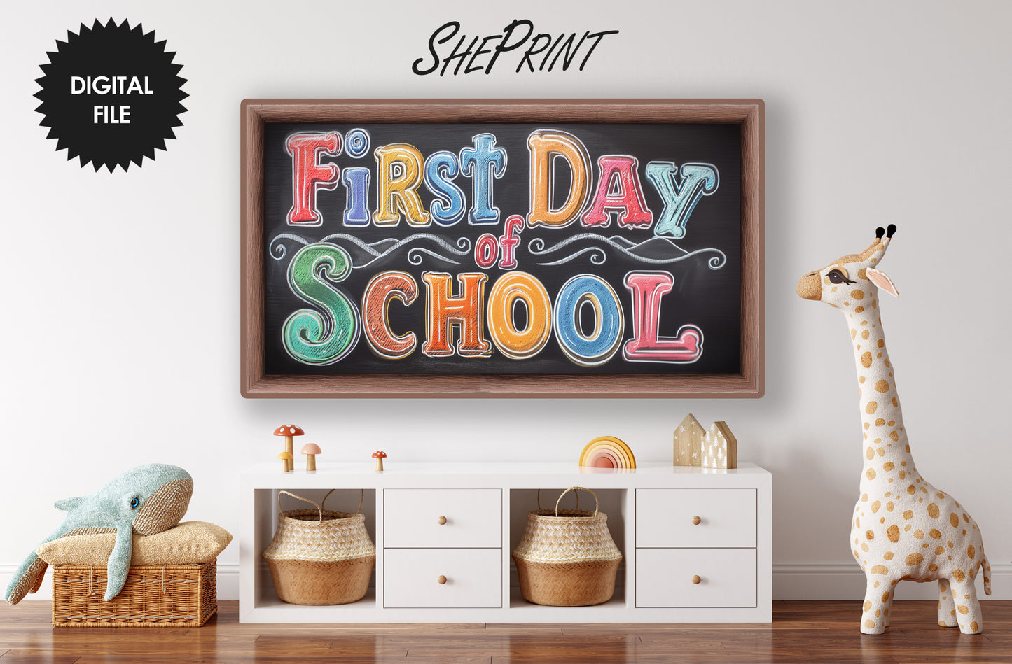Decorative sign for the first day of school with colorful text in a home setting.
