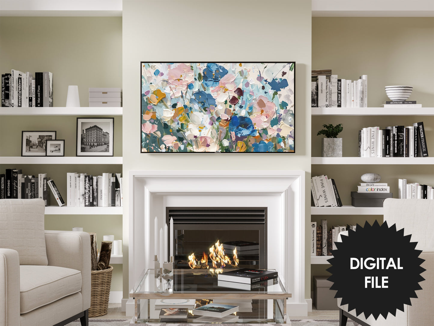 Samsung Frame TV Art, Flowers Impasto Abstract Art preview in modern black and white ambience